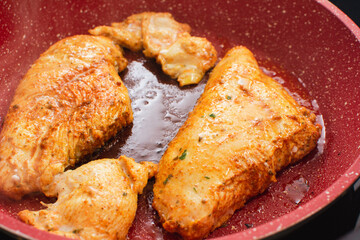 Grilled chicken breast, cooking healthy food on a pan