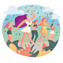 Ilustración editable en vectores, con mujeres teniendo una fiesta de verano en la playa con confeti y marco de hojas multicolor. - obrazy, fototapety, plakaty
