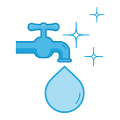 Tap with clean water drop falling and twinkle stars. Clean, safe and fresh tap water symbol.
