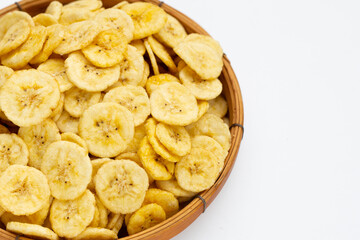 Banana slice chips on white background.