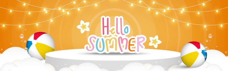 Summer party abstract background with Podium for your graphic decor with Beach balls, Clouds, and Decorative lights. Summer background. Stage pedestal for product sale. Vector illustration.