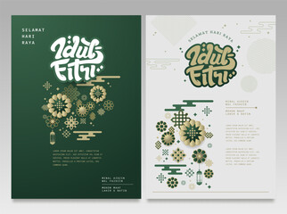 Selamat Idul Fitri.Translation: Happy Eid Mubarak. Eid al-Fitr Greeting with typography and illustration. vector illustration.