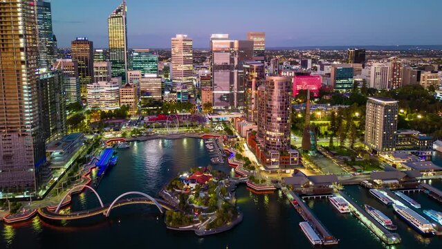 Aerial hyperlapse, dronelapse video of Elizabeth Quay of Perth city at night