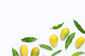 Mango with green leaves on white background.
