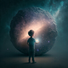 Fototapeta na wymiar Boy holding the universe