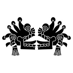 Symmetrical ethnic design with two Aztec skulls with open mouths and stick out tongues. Native American symbol from Mexican codex. Black and white silhouette.