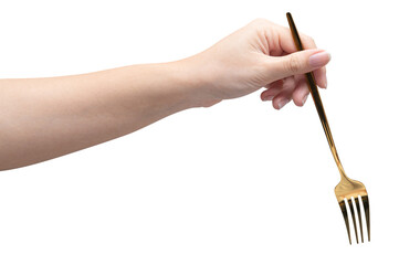 isolated of a woman's hand holding a golden fork.