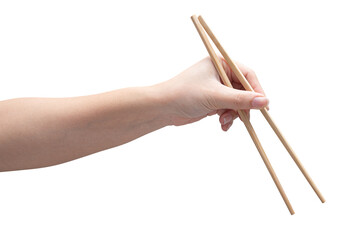 isolated of a woman's hand holding a wood chopstick.