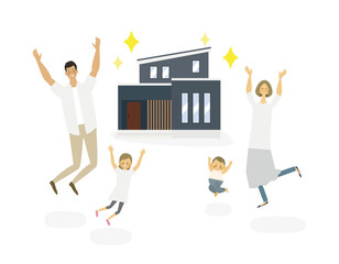 マイホームが建って喜ぶ4人家族のイラスト