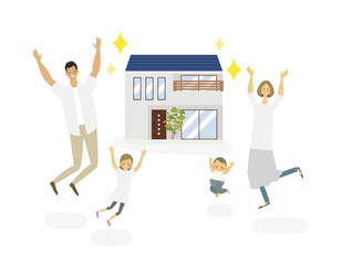 マイホームが建って喜ぶ4人家族のイラスト