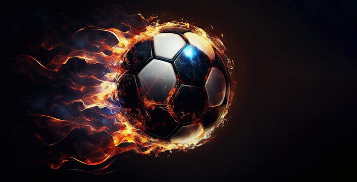 Fast flying burning soccer ball on fire with sparks on black background. Generative AI