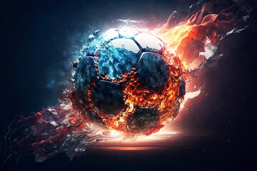 Obraz na płótnie Canvas fast flying burning soccer ball in fire and ice on dark background. Generative AI