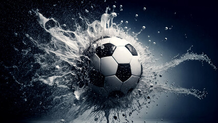 Naklejka premium soccer ball in splash of water on blue background. Generative AI