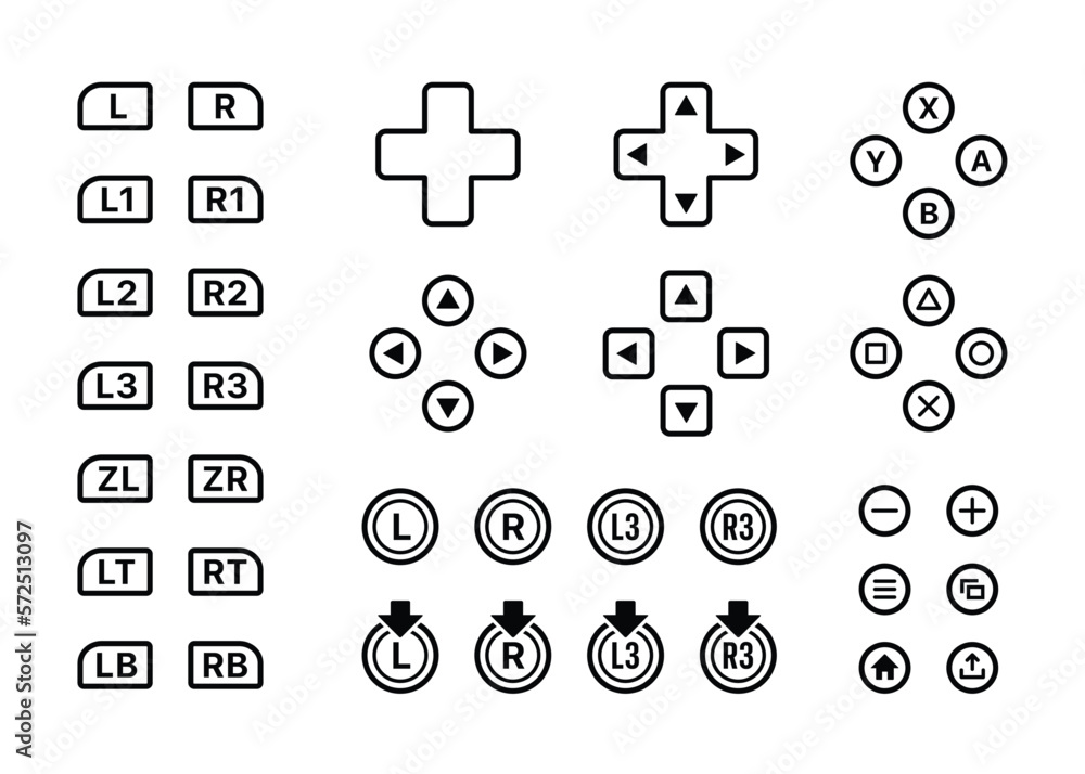 Poster video game controller button set collection line art vector icon for games and websites