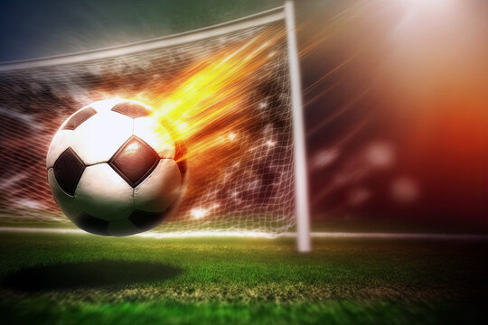 burning soccer ball on flying over a football stadium. Generative AI