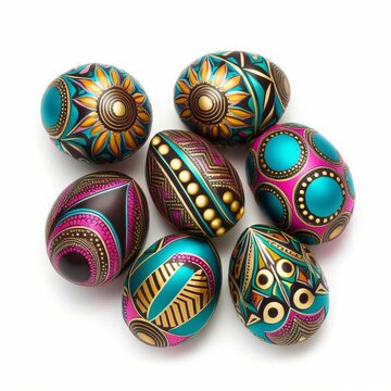 Illustration of Art Deco Style Colorful Painted, Dyed, Decorated Eggs Suitable for Easter, Ukraine, Croatia, Pysanky, Isolated on White, Made in Part with Generative AI
