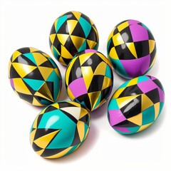 Illustration of Art Deco Style Colorful Painted, Dyed, Decorated Eggs Suitable for Easter, Ukraine, Croatia, Pysanky, Isolated on White, Made in Part with Generative AI
