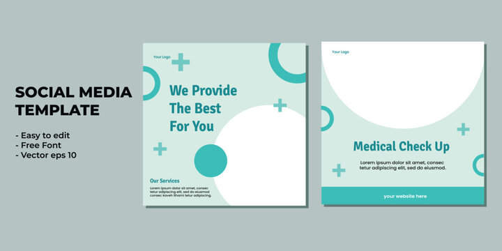 Medical social media post template design. Modern banner with blue and white background and place for the photo. Usable for social media, banner, and website.