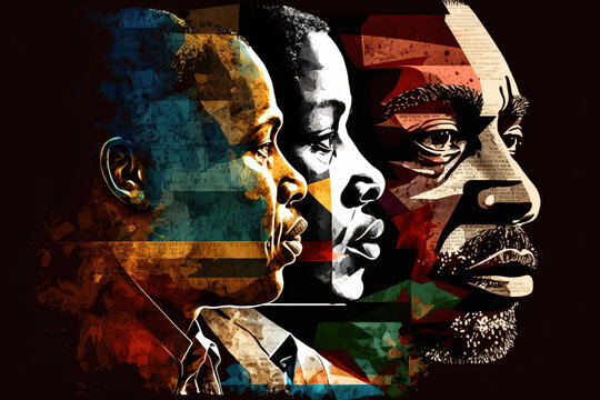 Three black male faces as an abstract collage.