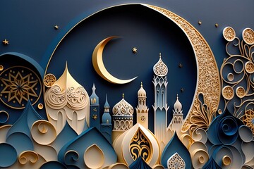 Islamic greeting Eid Mubarak cards for Muslim Holidays.Eid-Ul-Adha festival celebration.Arabic Ramadan Lantern . Generative AI quilling paper cut Crescent Islamic with mosque for Ramadan Kareem.