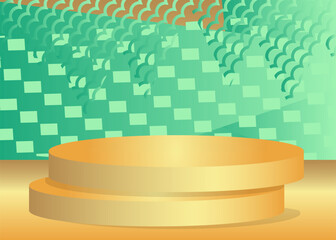 Abstract Gold Turquoise Mockup product vector 3D room. Realistic cylinder pedestal podium display, empty scene. Minimal stage showcase for presentation. Futuristic Sci-fi geometric forms.