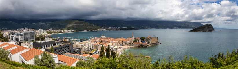 Panoramic view of Budva old town, famous touristic destination in Montenegro