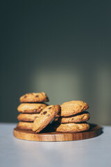 Cookies with chocolate chips on a silver table