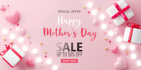 3d rendering. Mother's Day sale with heart shaped balloons, gift box and ball light decor. Holiday illustration banner. for mother day design