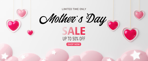 Fototapeta na wymiar 3d rendering.Mother's day sale banner with heart shaped balloons. Holiday illustration banner. for mother day design