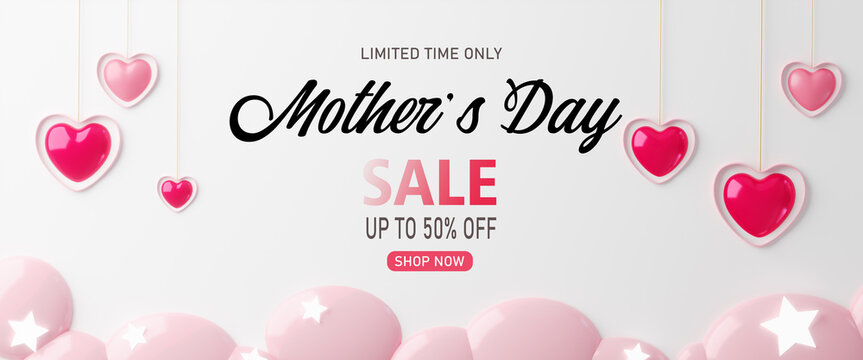 3d rendering.Mother's day sale banner with heart shaped balloons. Holiday illustration banner. for mother day design