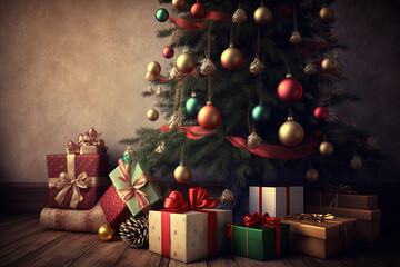 Christmas composition with tree and gifts on background floor