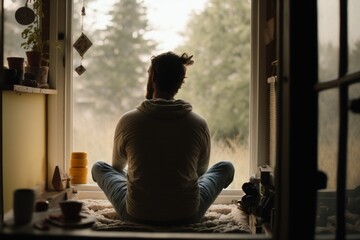 Man meditating in house facing window, Generative Ai