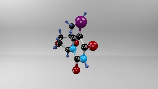 Idoxuridine molecule. Molecular structure of deoxyuridine antiviral use in keratoconjunctivitis and keratitis caused by herpes simplex virus (HSV).