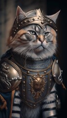 Cute Stylish and Cool Animal Maine Cat Knight of the Middle Ages: Armor, Castle, Sword, and Chivalry in a Colorful and Adorable Illustration (generative AI)