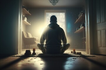 Silhouette of man meditating in house, Generative Ai