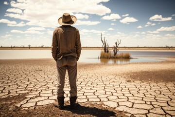 Man with hat standing in front of dry river or lake bed, Generative Ai