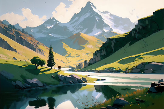 Tranquil Spring Landscape Escape generative ai digital illustration © Binary Studio