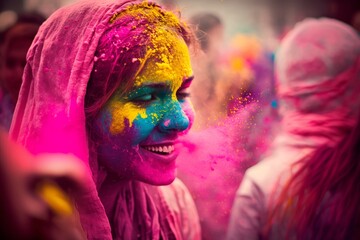 Woman at holi festival with colorful paint on face, Generative Ai