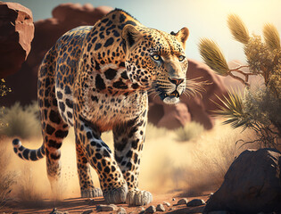 Naklejka na ściany i meble leopard in the tree or A leopard enjoying nature, in sight of a desert, hot Atmosphere, bright Sky in the background, Children's Story, Kid leopard, blur, 4K, Animal Wallpaper, wildlife Background,