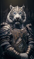 Cute Stylish and Cool Animal Tiger Knight of the Middle Ages: Armor, Castle, Sword, and Chivalry in a Colorful and Adorable Illustration (generative AI)