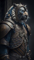 Fototapeta na wymiar Cute Stylish and Cool Animal Tiger Knight of the Middle Ages: Armor, Castle, Sword, and Chivalry in a Colorful and Adorable Illustration (generative AI)