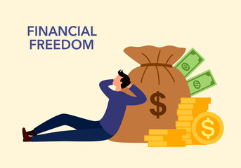 Financial freedom or passive income concept vector illustration. Wealth businessman sitting with money in flat design.