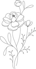 minimal botanical graphic sketch line art drawing, trendy tiny tattoo design, floral elements vector illustration