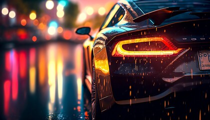 Sportscar taillight with a blurred city background filled with lights and reflections