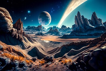 Planeta deserto bastante rochoso onde se podem ver outros planetas e estrelas