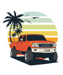 car truck on the beach at sunrise illustration