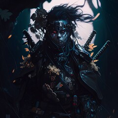 Futuristic Samurai in dark florest. AI digital illustration.