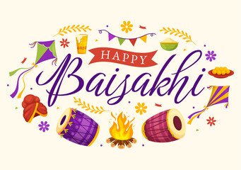 Happy Baisakhi Illustration with Vaisakhi Punjabi Spring Harvest Festival of Sikh celebration in Flat Cartoon Hand Drawn for Landing Page Templates