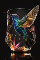 Photorealistic ai artwork of a hummingbird made of colorful glass. Dramatic studio-style image. Generative ai.