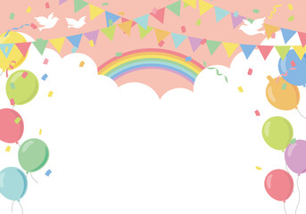 風船と虹のパーティー背景フレーム  
